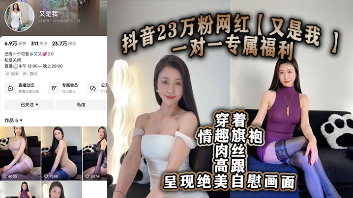 抖音23万粉网红【又是我 】一对一专属福利 穿着情趣旗袍肉丝高跟呈现绝美自慰画面！封面图